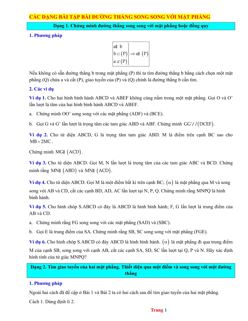 Xem trước trang 1 của "Các dạng bài tập: Đường thẳng song song với mặt phẳng - Dạng 1"