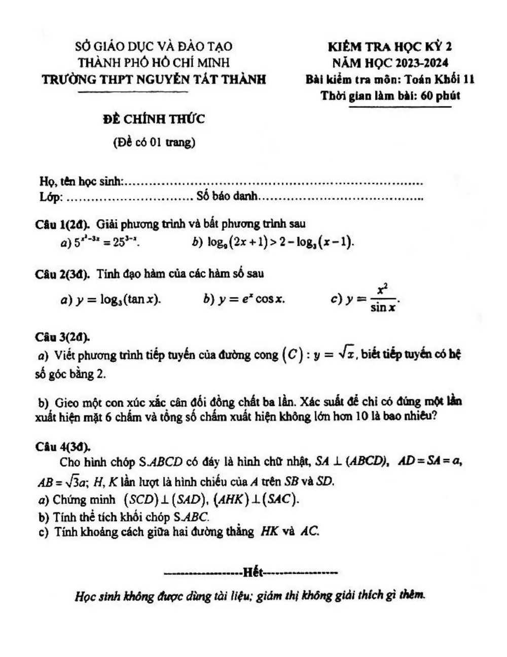 Xem trước trang 1 của "Đề Học Kỳ 2 Toán 11 - Trường THPT Nguyễn Tất Thành - TP. Hồ Chí Minh (2023-2024)"