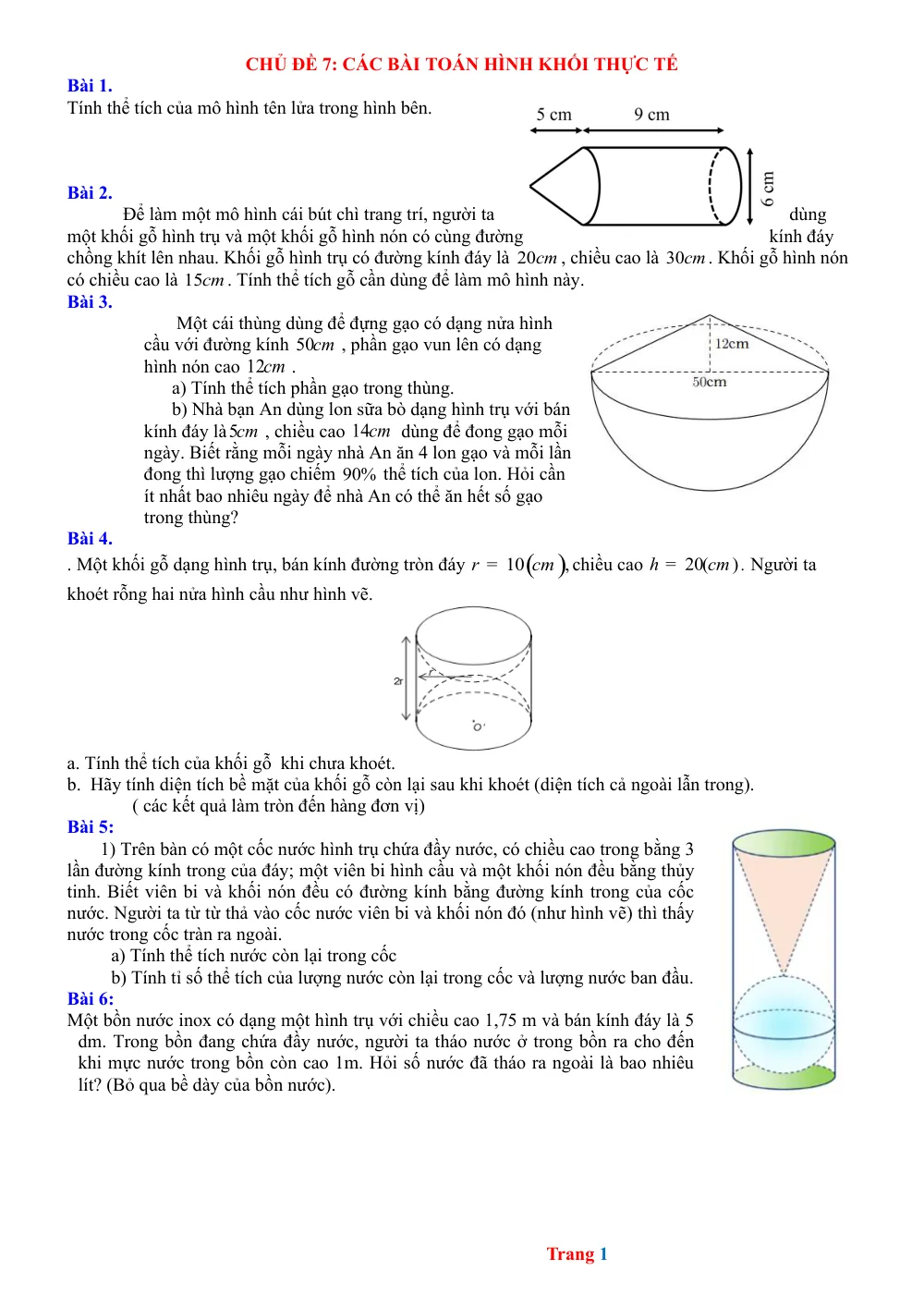 Xem trước trang 1 của "Toán 9 - Tuyển sinh 10 - Chủ đề 7: Các bài toán hình khối thực tế"