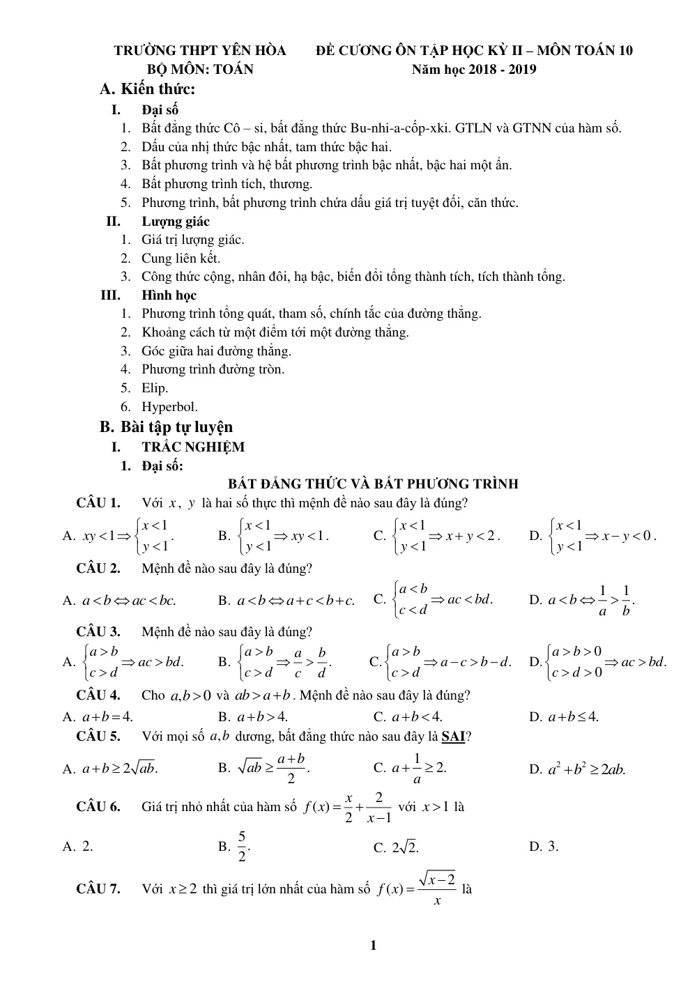 Xem trước trang 1 của "Đề Cương Ôn Tập HK2 Toán 10 - Năm học 2018-2019 - Trường THPT Yên Hòa - Hà Nội"