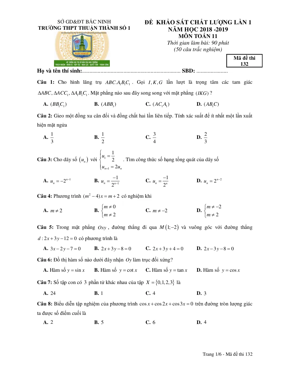 Xem trước trang 1 của "Đề Khảo Sát Chất Lượng Lần 1 Toán 11 - Trường THPT Thuận Thành Số 1 - Năm học 2018-2019 - Bắc Ninh"