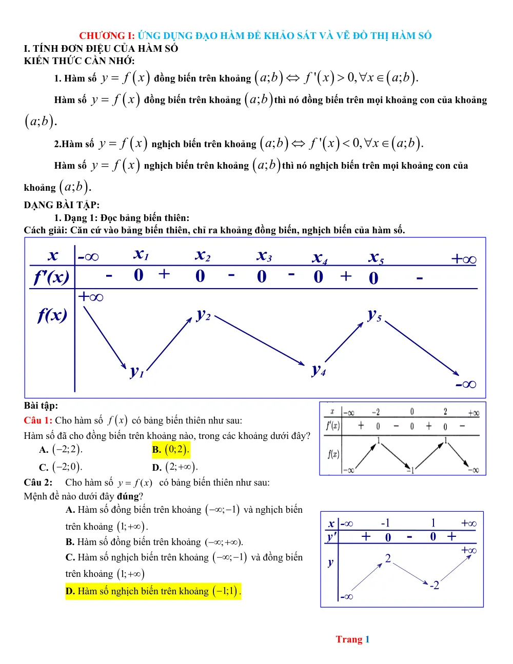 Xem trước trang 1 của "Bài tập ôn tập Giải Tích 12 - Chương I: Ứng dụng Đạo hàm để Khảo sát và Vẽ Đồ thị Hàm số - Tính đơn điệu của Hàm số"
