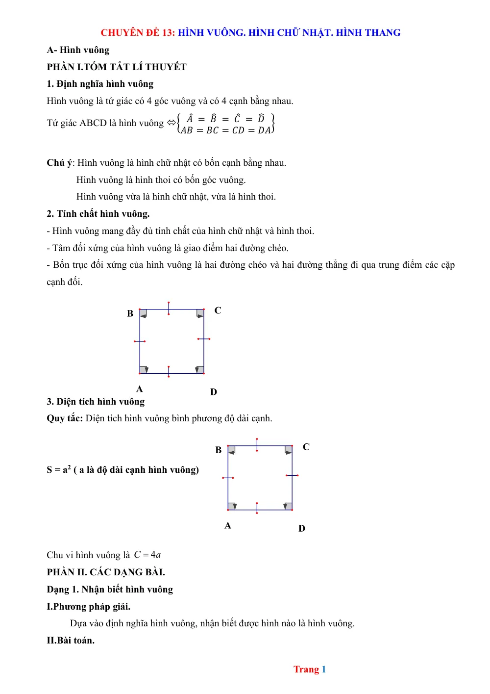 Xem trước trang 1 của "Chuyên đề 13: Hình vuông, Hình chữ nhật, Hình thang"