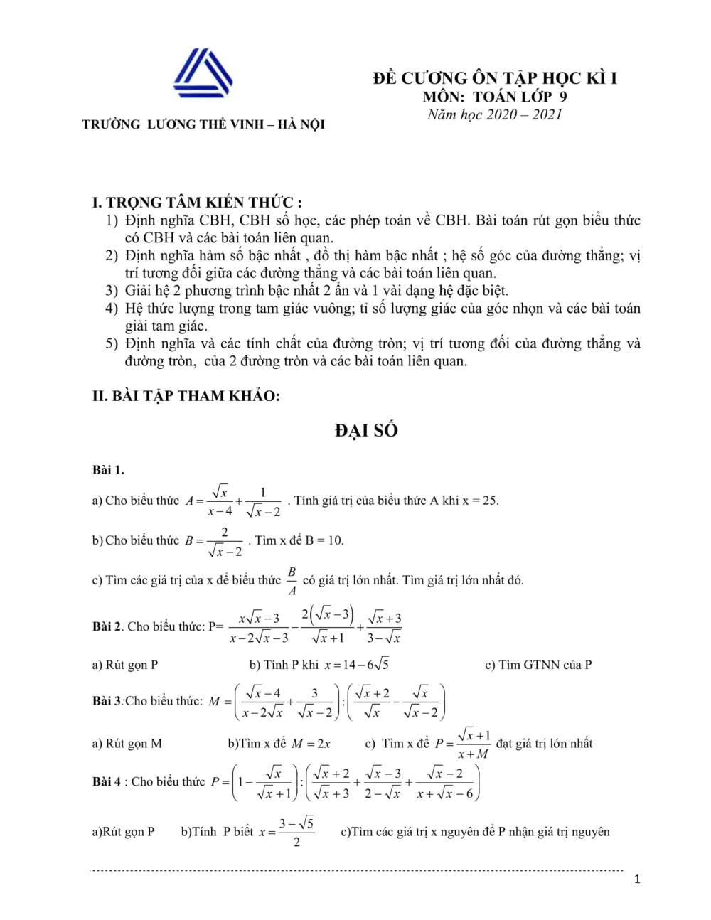 Xem trước trang 1 của "Đề cương ôn tập học kì 1 - Toán 9 - Trường Lương Thế Vinh - Hà Nội (2020-2021)"
