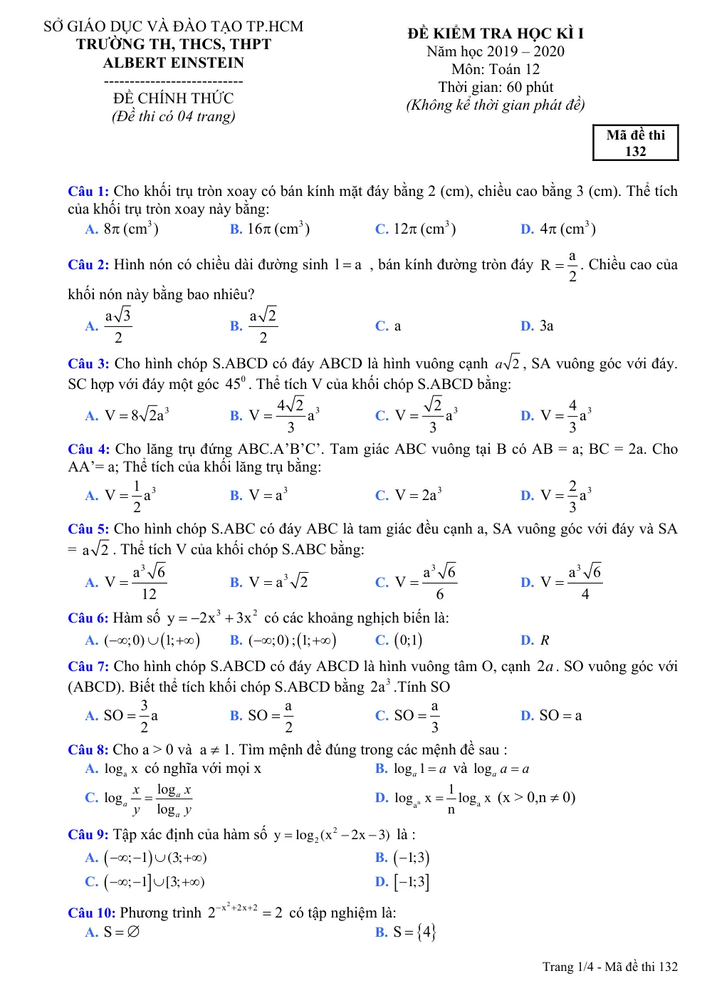 Xem trước trang 1 của "Đề Kiểm Tra Học Kỳ 1 Toán 12 - Năm học 2019-2020 - Trường Albert Einstein - TP.HCM"