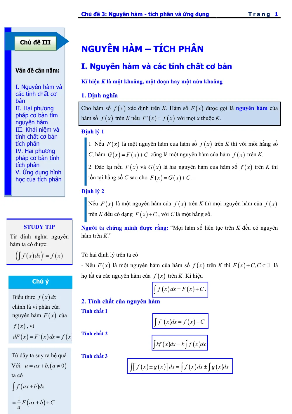Xem trước trang 1 của "Chuyên đề Trắc nghiệm Nguyên hàm Tích phân Ứng dụng"