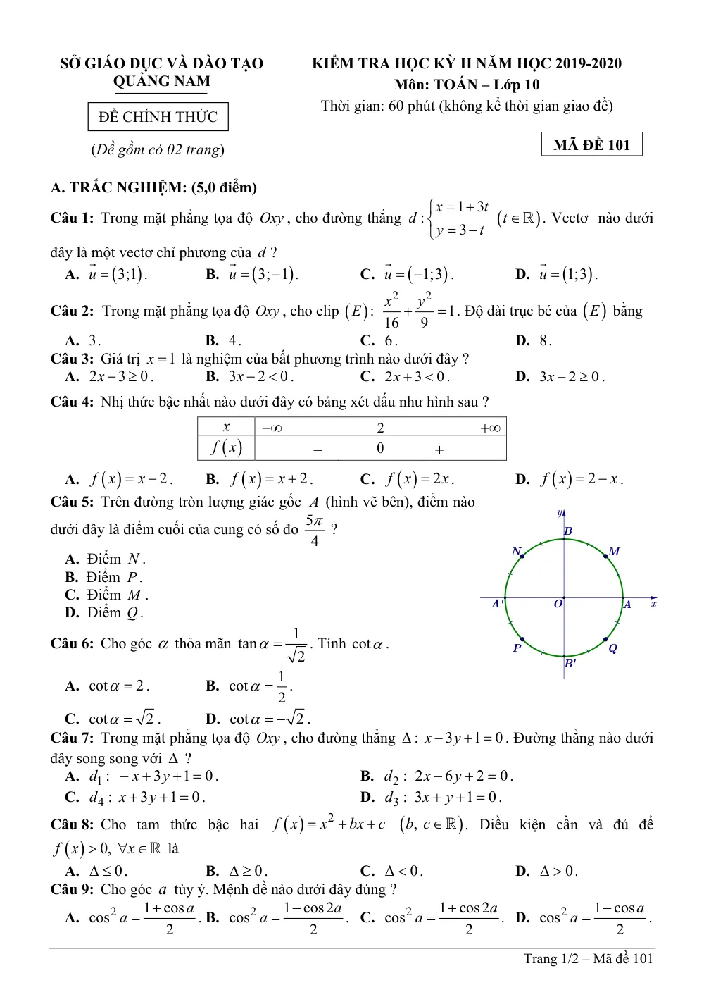 Xem trước trang 1 của "Đề thi học kỳ 2 Toán 10 - Năm học 2019-2020 - Sở GDĐT Quảng Nam"