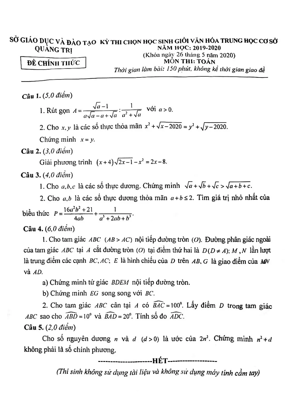 Xem trước trang 1 của "Đề Thi Học Sinh Giỏi Toán THCS Lớp 9 Năm 2019-2020 - Tỉnh Quảng Trị"
