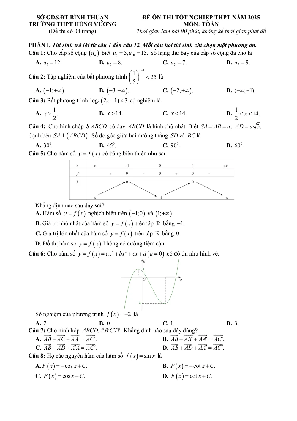 Xem trước trang 1 của "Đề ôn thi tốt nghiệp THPT 2025 - Môn Toán - Trường THPT Hùng Vương - Bình Thuận"