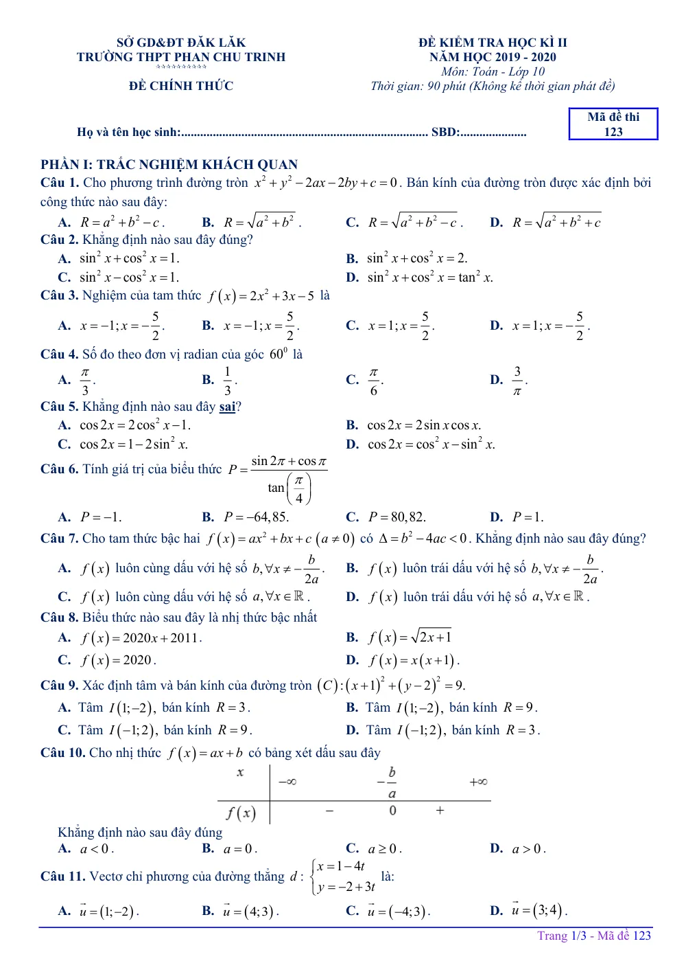 Xem trước trang 1 của "Đề Kiểm Tra Học Kỳ II Toán 10 - Năm học 2019-2020 - Trường THPT Phan Chu Trinh - Đắk Lắk"