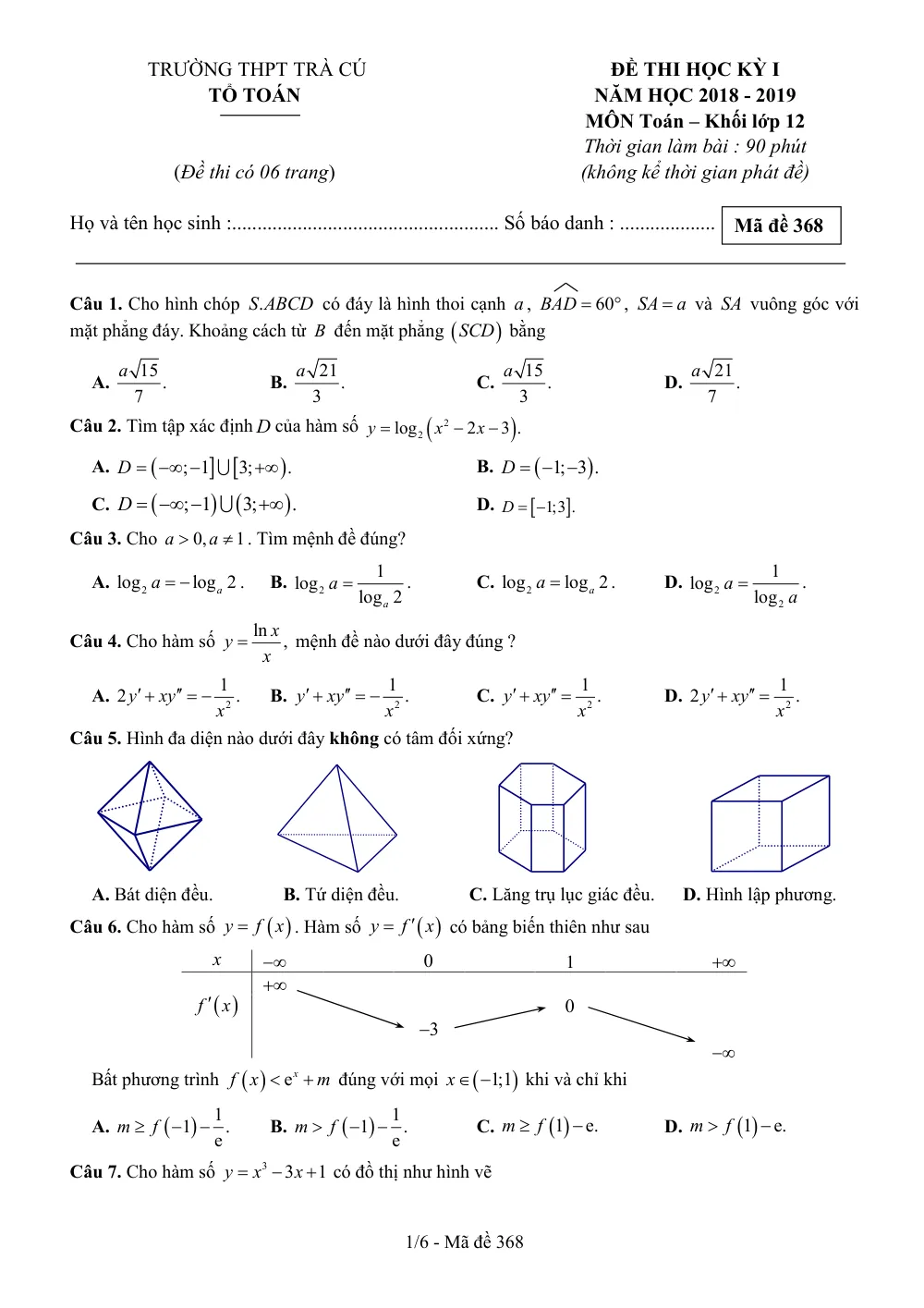 Xem trước trang 1 của "Đề thi Học kỳ 1 Toán 12 - Trường THPT Trà Cú - Năm học 2018-2019"