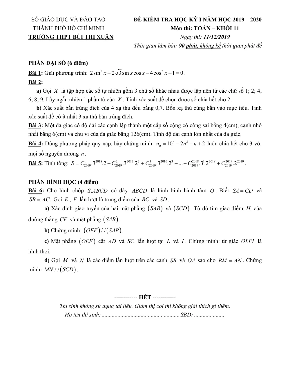 Xem trước trang 1 của "Đề Kiểm Tra Học Kỳ I Toán 11 Năm Học 2019-2020 - Trường THPT Bùi Thị Xuân - TP. Hồ Chí Minh"