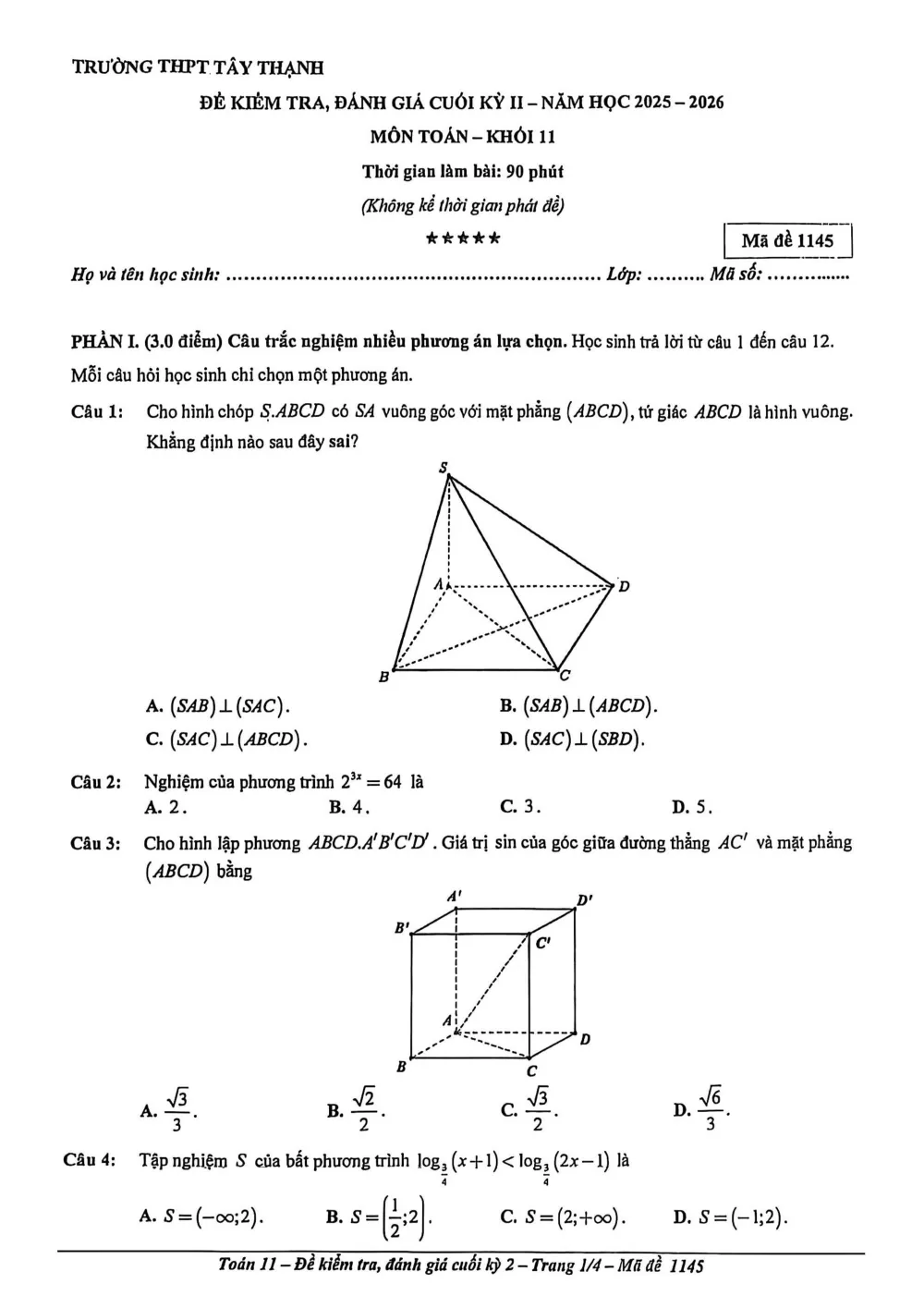 Xem trước trang 1 của "Đề cuối kỳ 2 Toán 11 - Năm học 2025-2026 - Trường THPT Tây Thạnh - TP. Hồ Chí Minh"