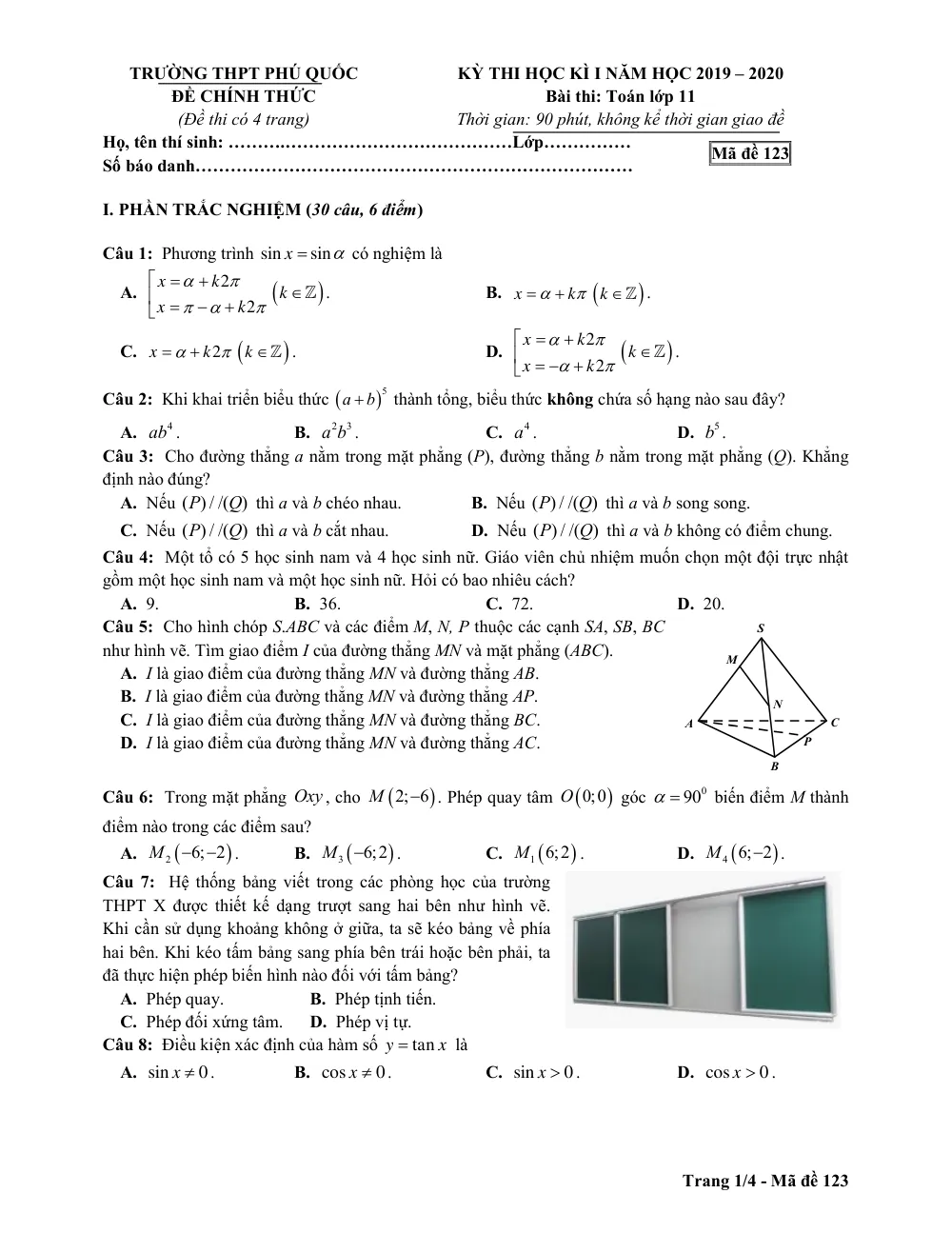 Xem trước trang 1 của "Đề thi học kỳ 1 Toán lớp 11 năm học 2019-2020 - Trường THPT Phú Quốc - Kiên Giang"