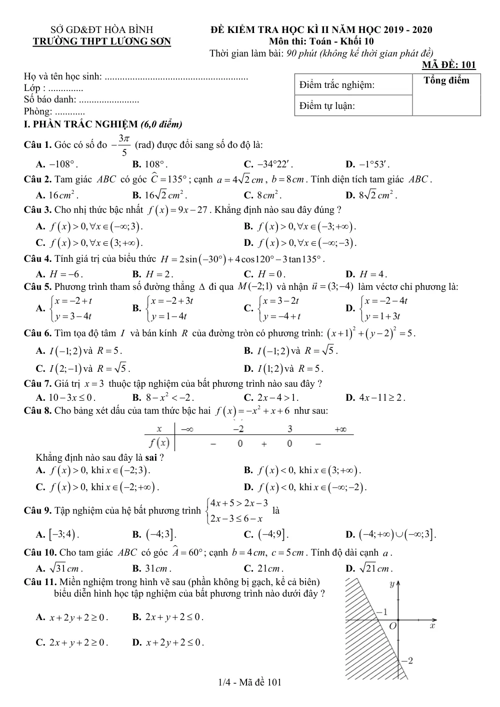 Xem trước trang 1 của "Đề Kiểm Tra Học Kỳ II Toán 10 - Năm học 2019-2020 - Trường THPT Lương Sơn - Hòa Bình"