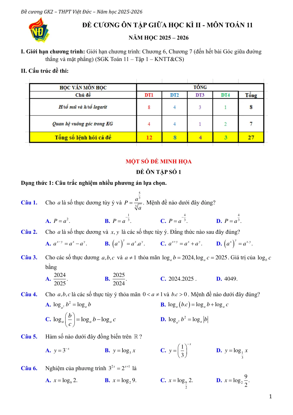 Xem trước trang 1 của "Đề cương Ôn tập Giữa học kỳ II - Toán 11 - Trường THPT Việt Đức - Năm học 2025-2026"