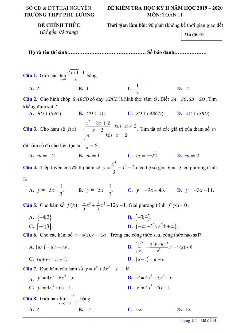 Xem trước trang 1 của "Đề Kiểm Tra Học Kỳ II Toán 11 Năm 2019-2020 - Trường THPT Phú Lương - Thái Nguyên"
