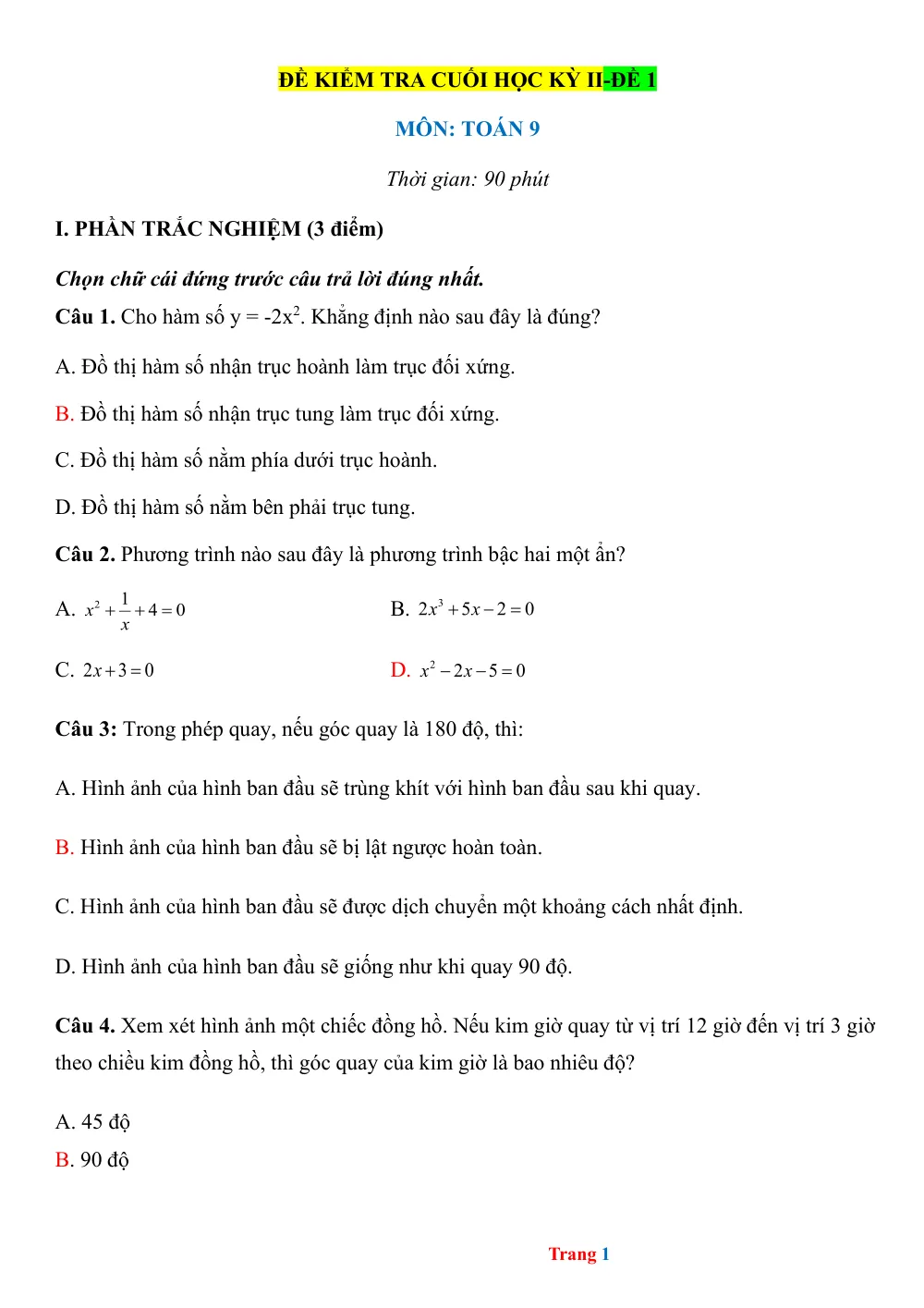 Xem trước trang 1 của "Đề kiểm tra cuối học kỳ II - Đề 1 - Môn Toán 9 - Năm học (không rõ) - Cảnh Diều"