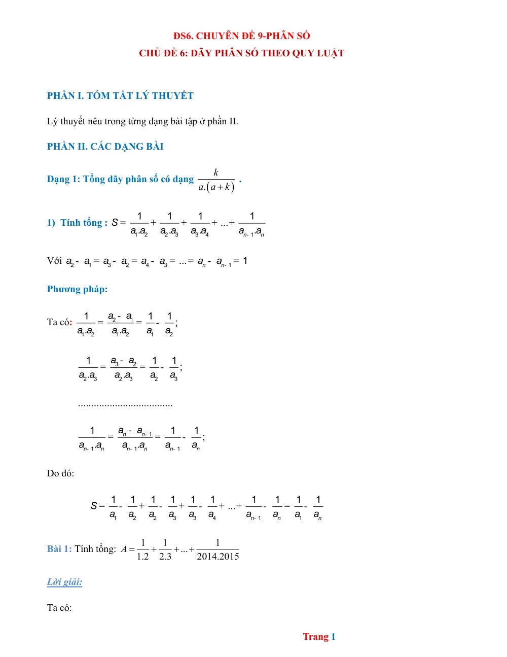 Xem trước trang 1 của "Số học 6 - Chuyên đề 9 - Dãy phân số theo quy luật"