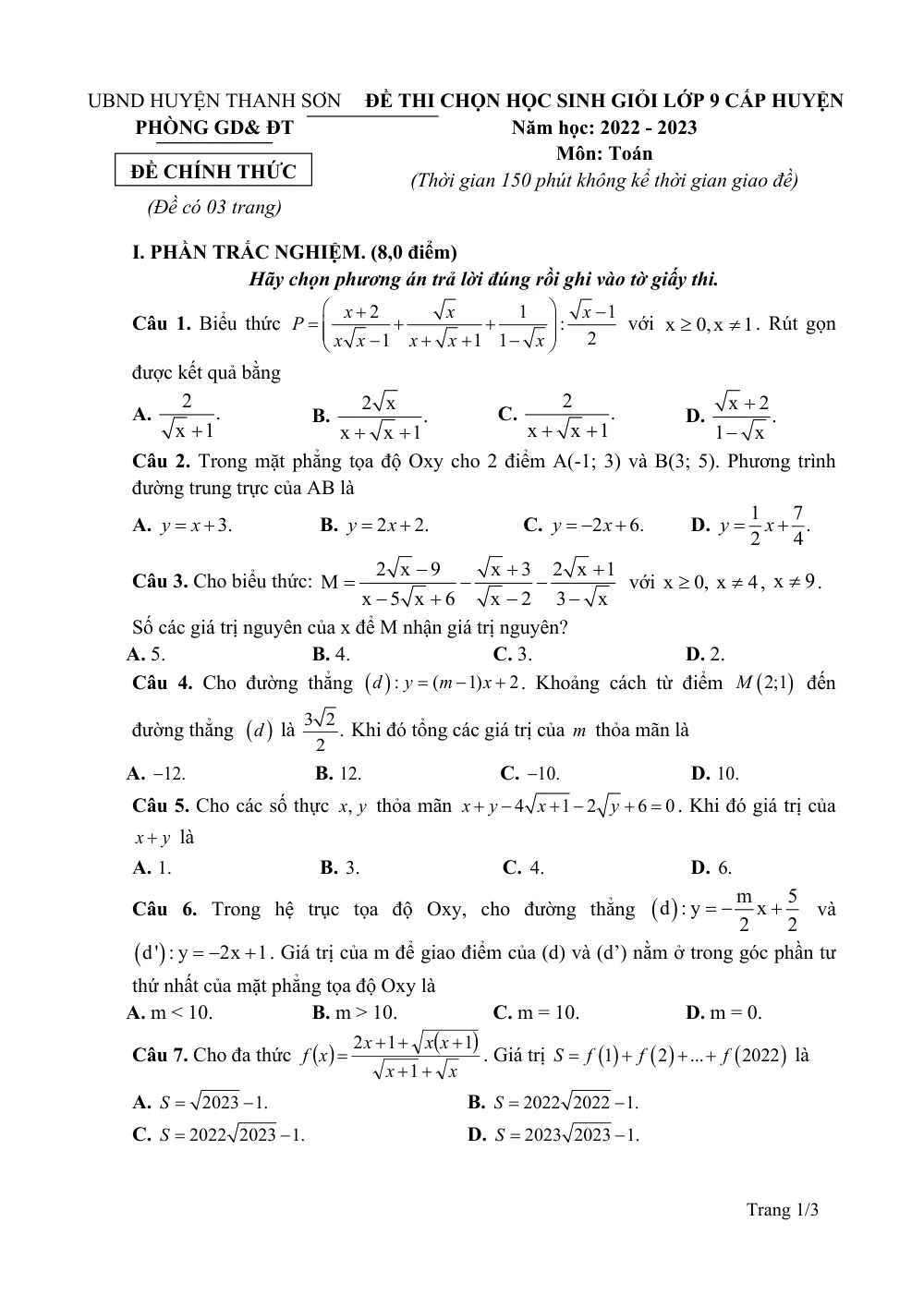 Xem trước trang 1 của "Đề thi Học sinh giỏi Toán lớp 9 cấp huyện - Phòng GD&ĐT Thanh Sơn - Năm học 2022-2023"