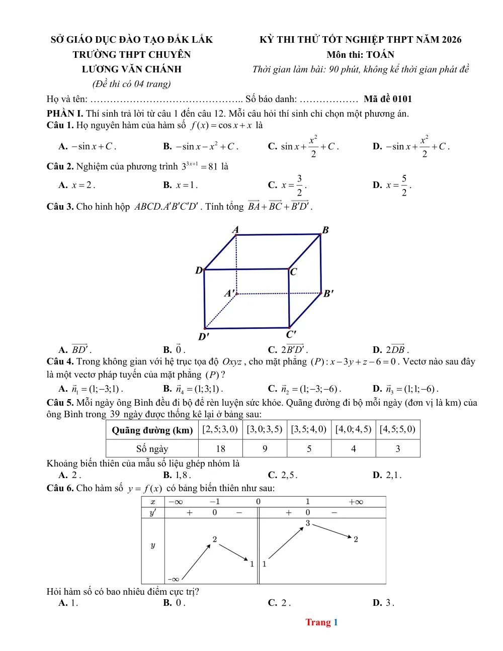 Xem trước trang 1 của "Đề thi thử Tốt nghiệp THPT 2026 - Toán - Trường THPT Chuyên Lương Văn Chánh - Sở GD&ĐT Đắk Lắk"