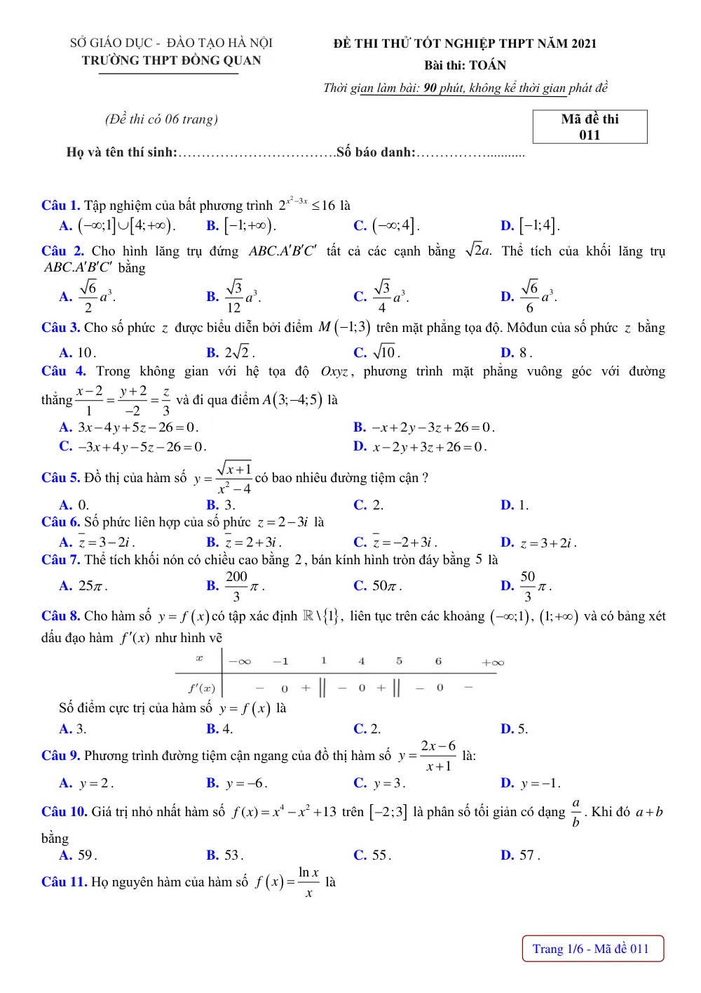 Xem trước trang 1 của "Đề thi thử Tốt nghiệp THPT 2021 - Môn Toán - Trường THPT Đồng Quan - Hà Nội"