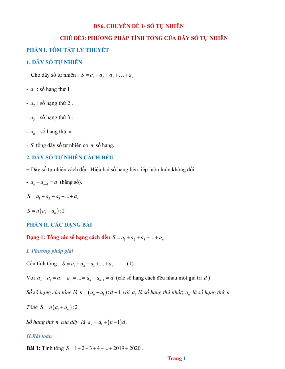 Xem trước trang 1 của "Số học 6 - Chuyên đề 1, Chủ đề 3: Phương pháp tính tổng của dãy số tự nhiên - Phần I. Tóm tắt lý thuyết"