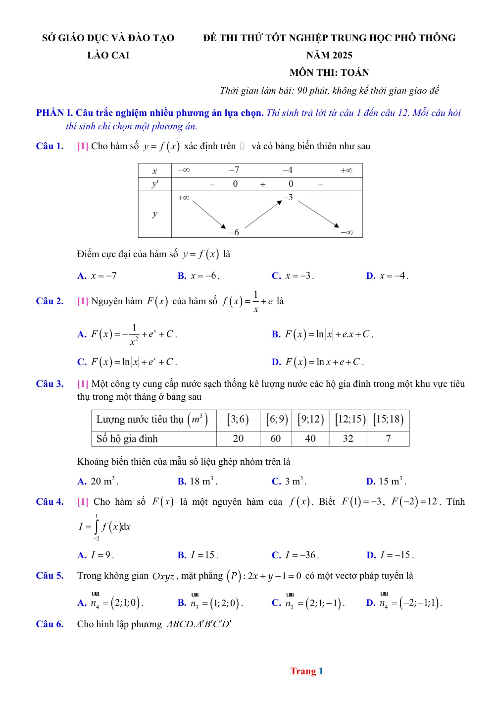 Xem trước trang 1 của "Đề Thi Thử Tốt Nghiệp THPT 2025 - Môn Toán - Sở GD&ĐT Lào Cai"