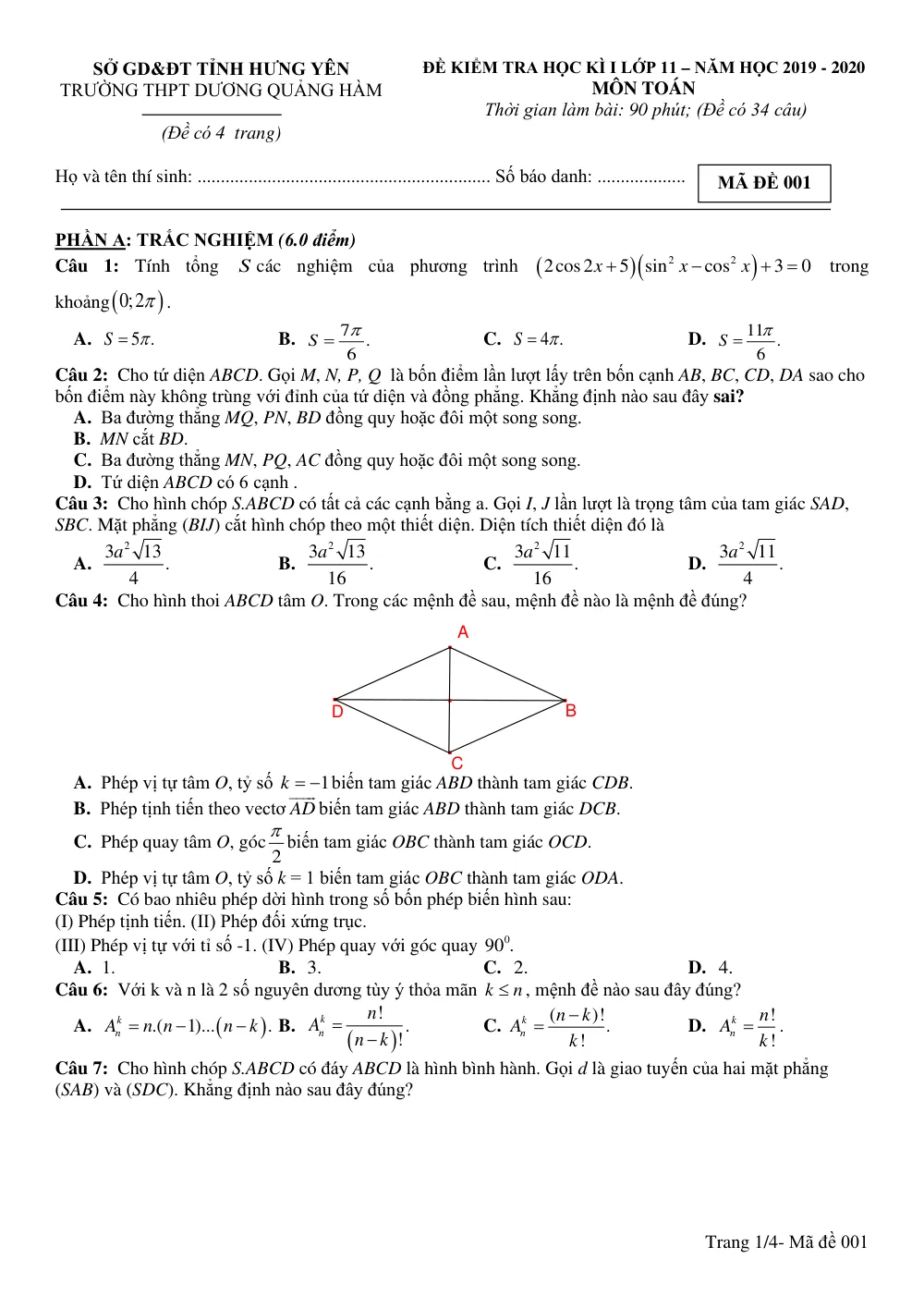 Xem trước trang 1 của "Đề Kiểm Tra Học Kỳ 1 Toán 11 - Năm học 2019-2020 - Trường THPT Dương Quảng Hàm - Hưng Yên"