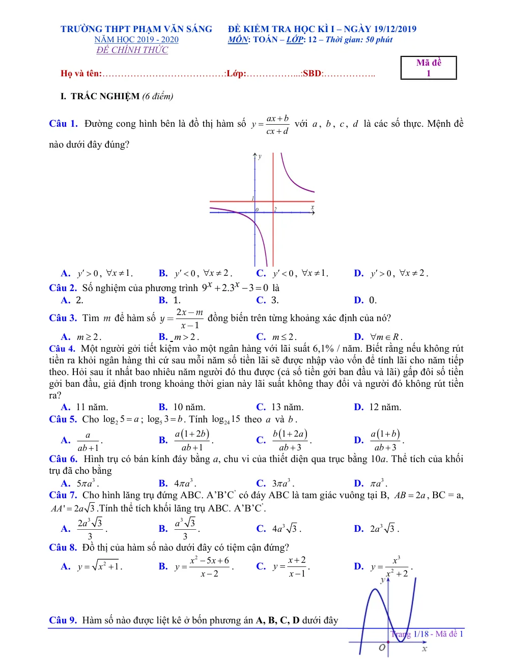 Xem trước trang 1 của "Đề Kiểm Tra Học Kỳ I - Toán 12 - Năm học 2019-2020 - Trường THPT Phạm Văn Sáng - TP. Hồ Chí Minh"