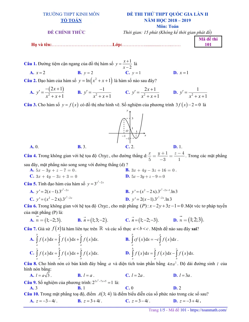 Xem trước trang 1 của "Đề Thi Thử THPT Quốc Gia Lần 2 Toán 12 - Trường Kinh Môn, Hải Dương 2019"