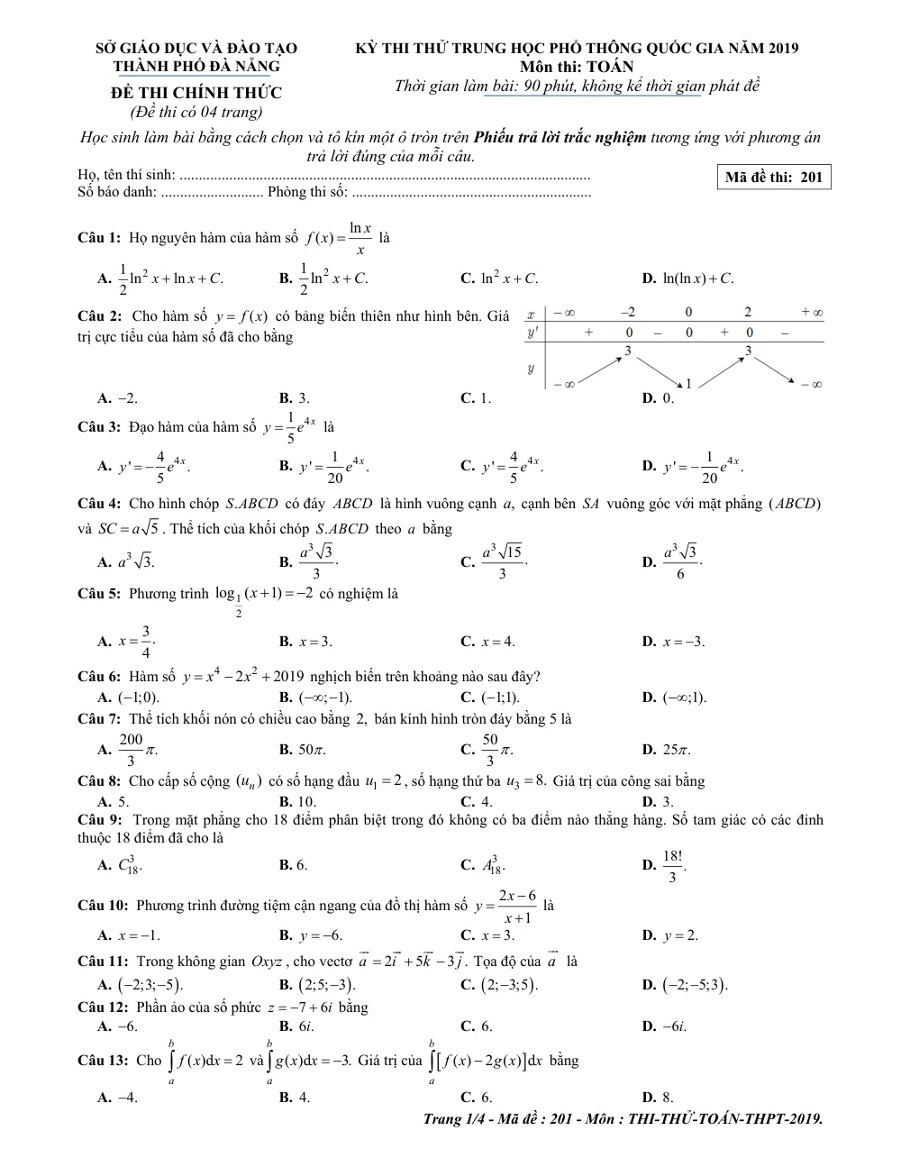 Xem trước trang 1 của "Đề Thi Thử THPT Quốc Gia 2019 - Môn Toán Lớp 12 - Sở GD-ĐT Đà Nẵng"