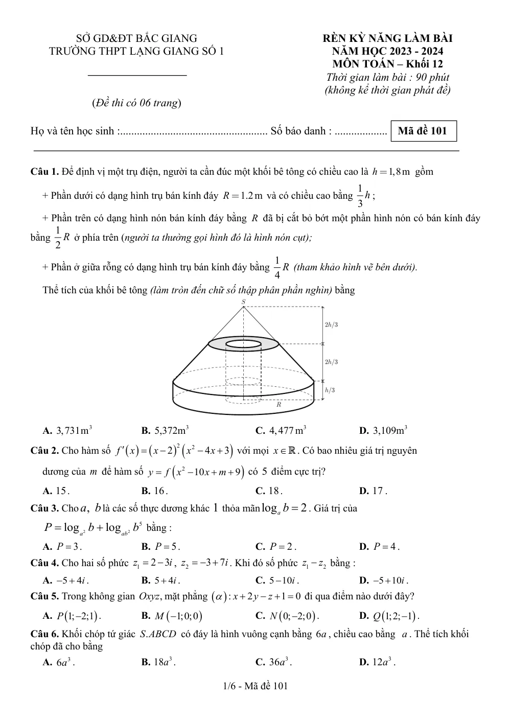 Xem trước trang 1 của "Rèn Kỹ Năng Làm Bài Toán 12 - Trường THPT Lạng Giang 1 - Bắc Giang (Năm học 2023-2024)"