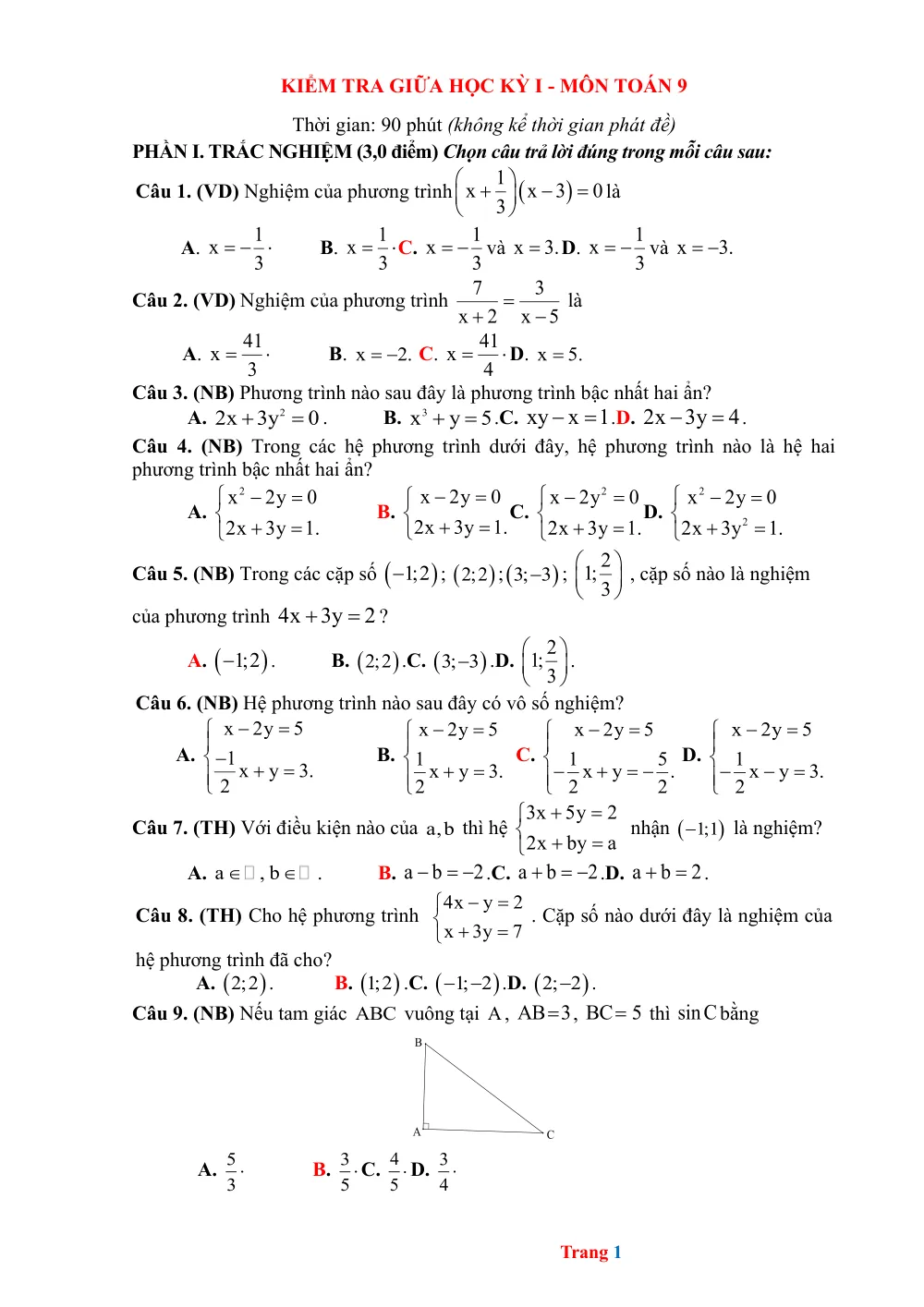 Xem trước trang 1 của "Kiểm tra giữa Học kỳ I - Toán 9"