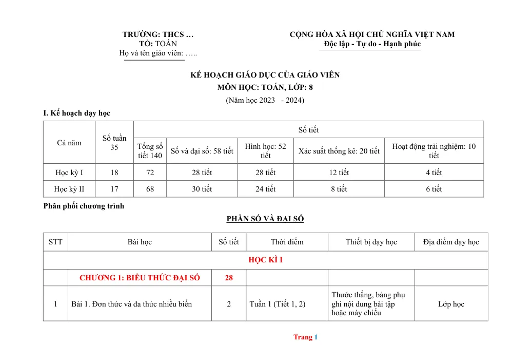 Xem trước trang 1 của "Kế hoạch giáo dục của giáo viên môn Toán lớp 8 - Năm học 2023 - 2024"