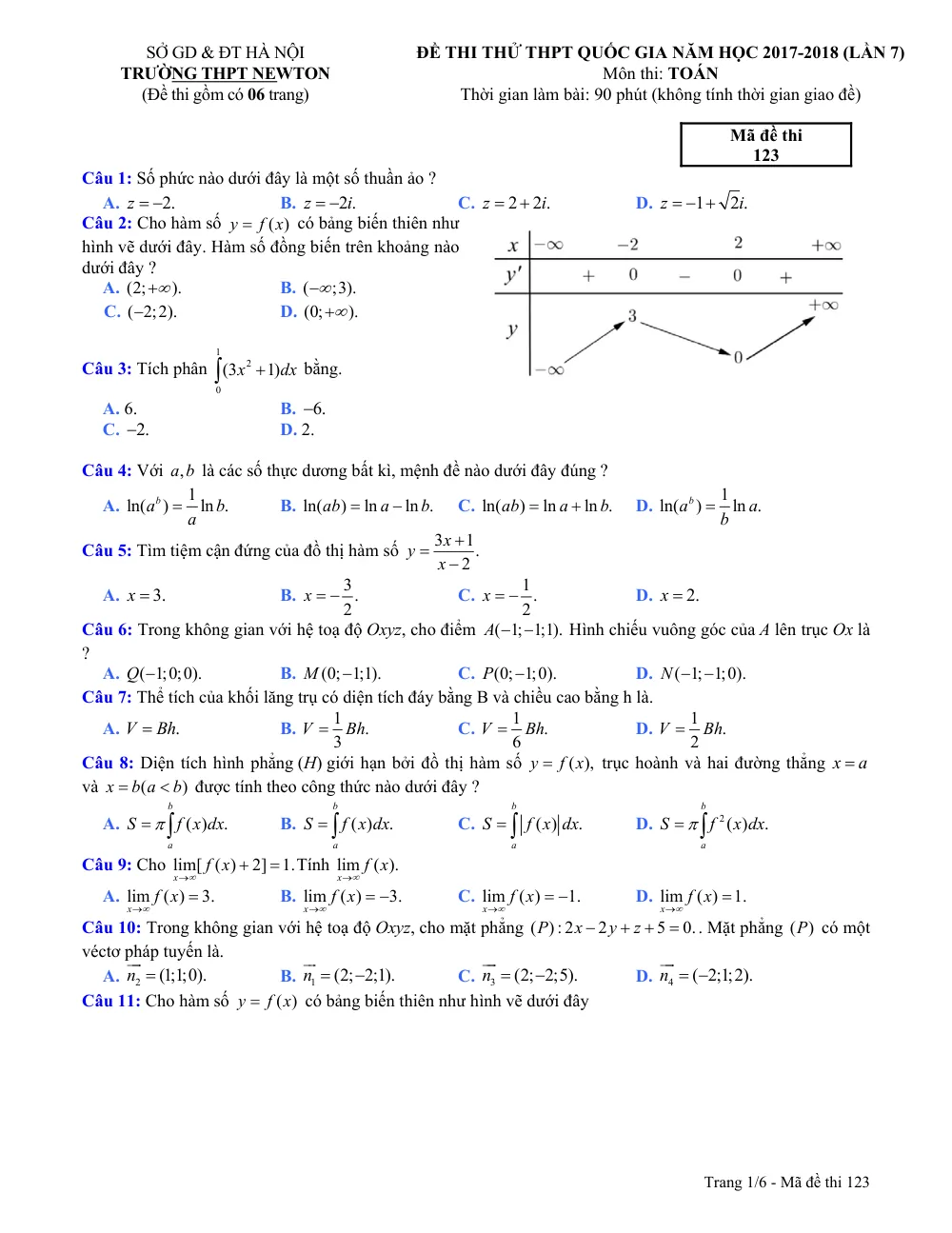 Xem trước trang 1 của "Đề Thi Thử Toán THPT Quốc Gia 2018 - Trường THPT Newton - Hà Nội (Lần 7)"