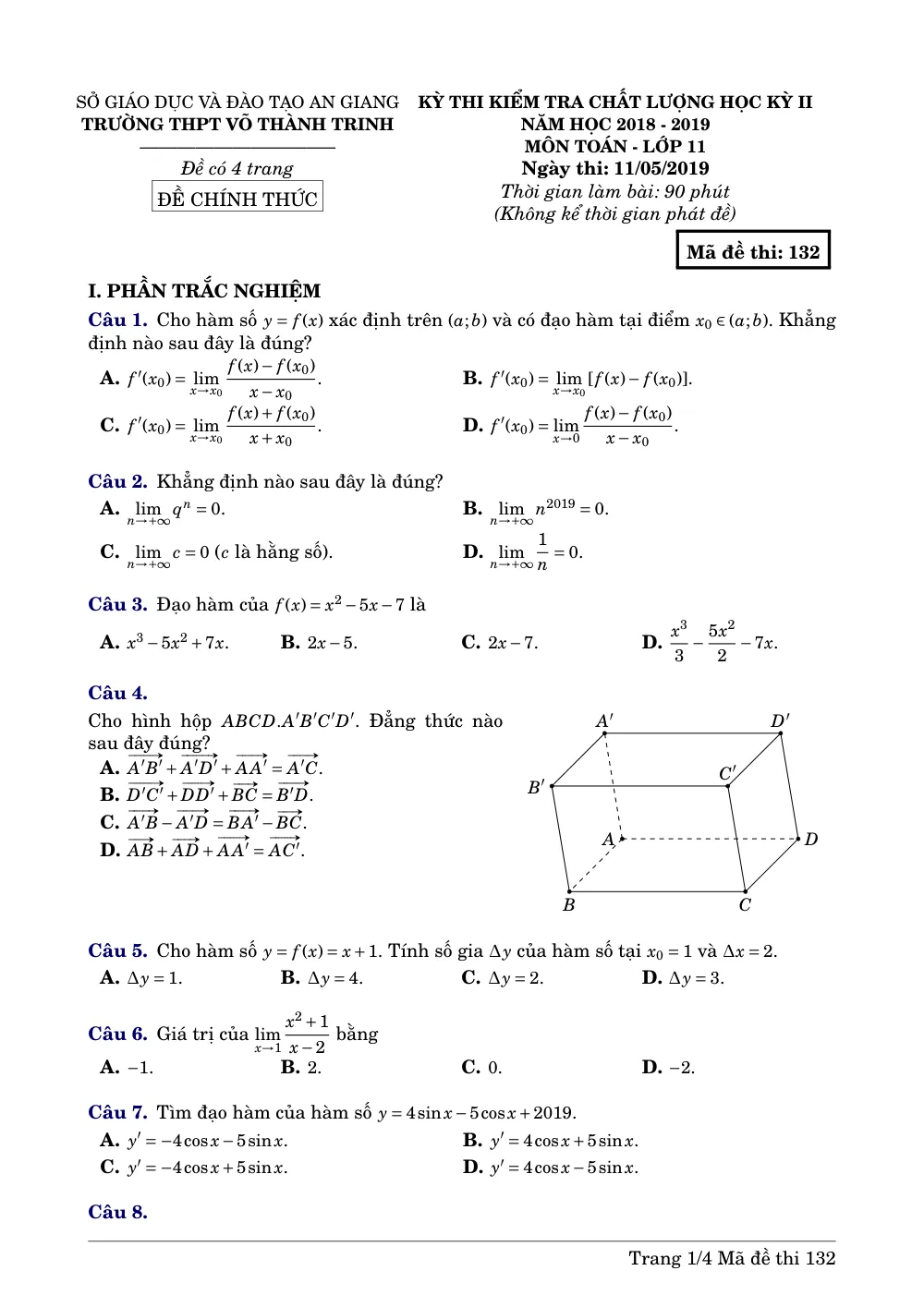 Xem trước trang 1 của "Đề Kiểm Tra Học Kỳ 2 Toán 11 - Trường THPT Võ Thành Trinh - An Giang (2018-2019)"