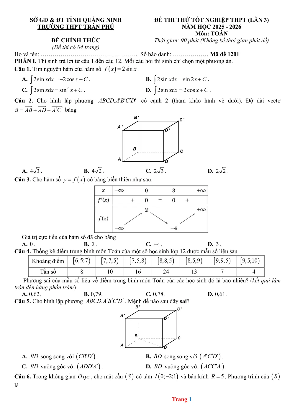 Xem trước trang 1 của "Đề Thi Thử Tốt Nghiệp THPT 2026 - Toán - Trường THPT Trần Phú - Quảng Ninh (Lần 3)"