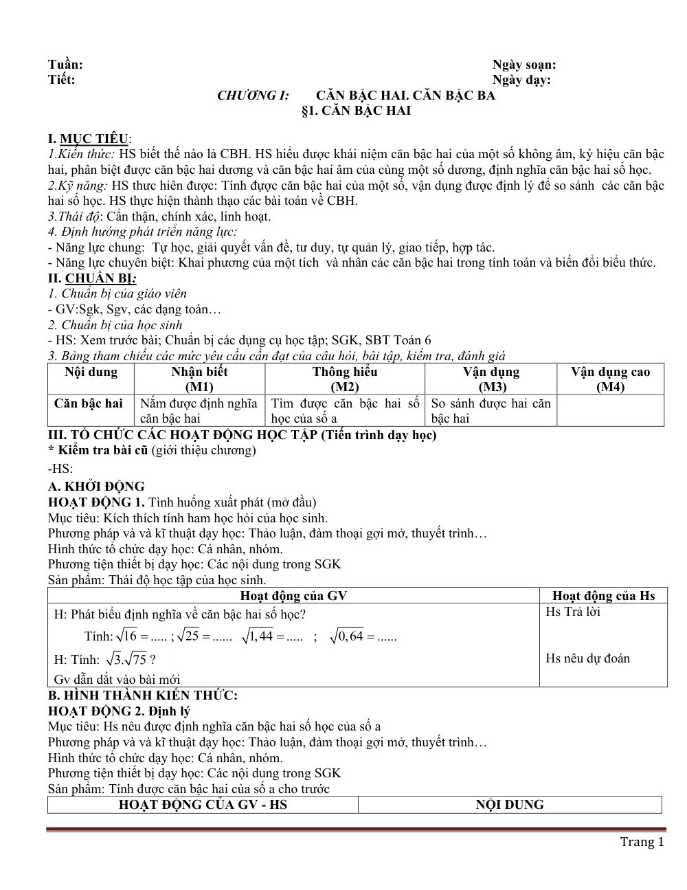 Xem trước trang 1 của "Đại số 9 - Học kỳ 1"