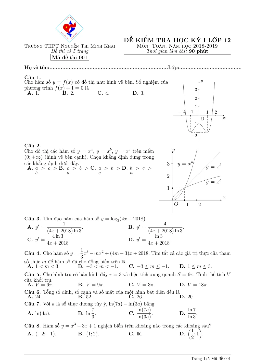Xem trước trang 1 của "Đề Kiểm Tra Học Kỳ 1 Toán 12 - Trường THPT Nguyễn Thị Minh Khai - Năm học 2018-2019"
