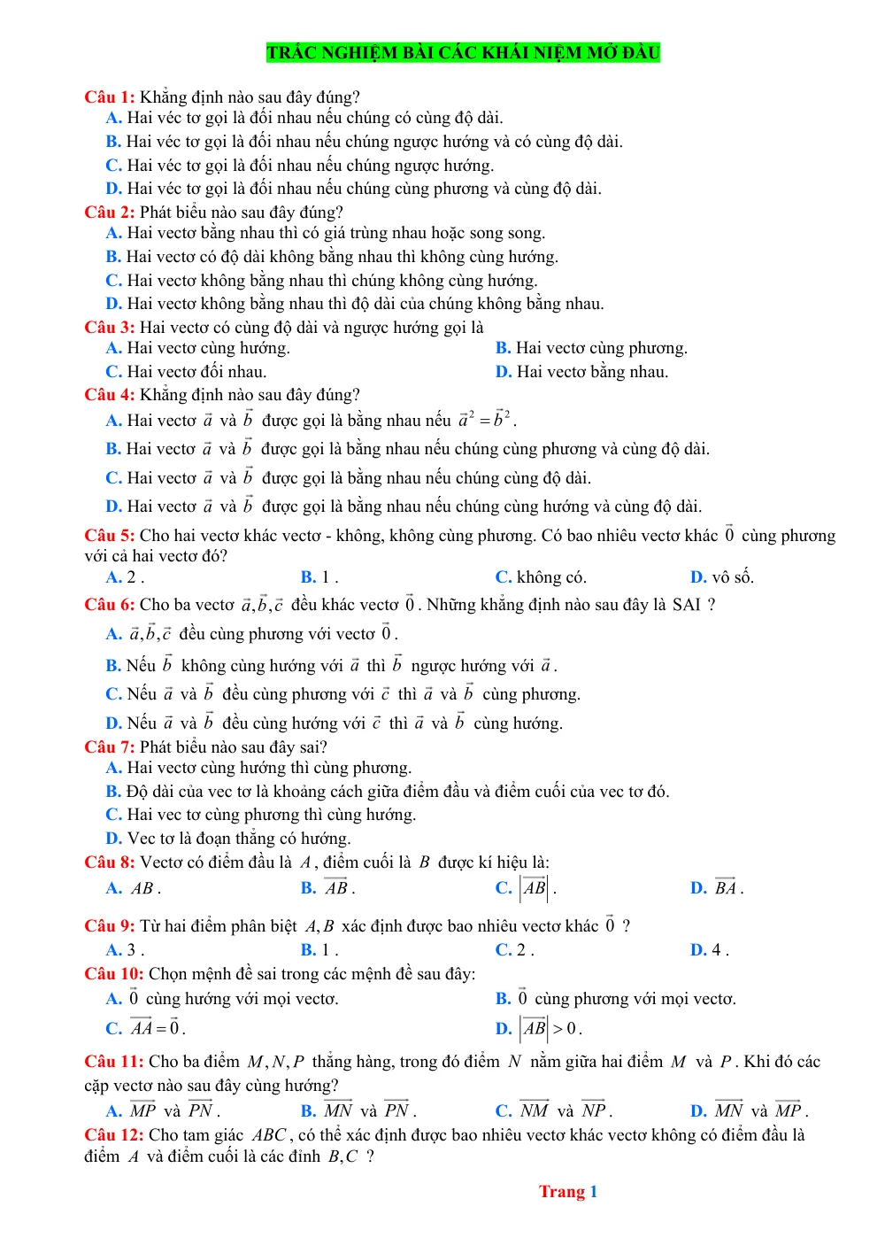Xem trước trang 1 của "40 - Trắc nghiệm Bài Các khái niệm mở đầu - Vectơ"