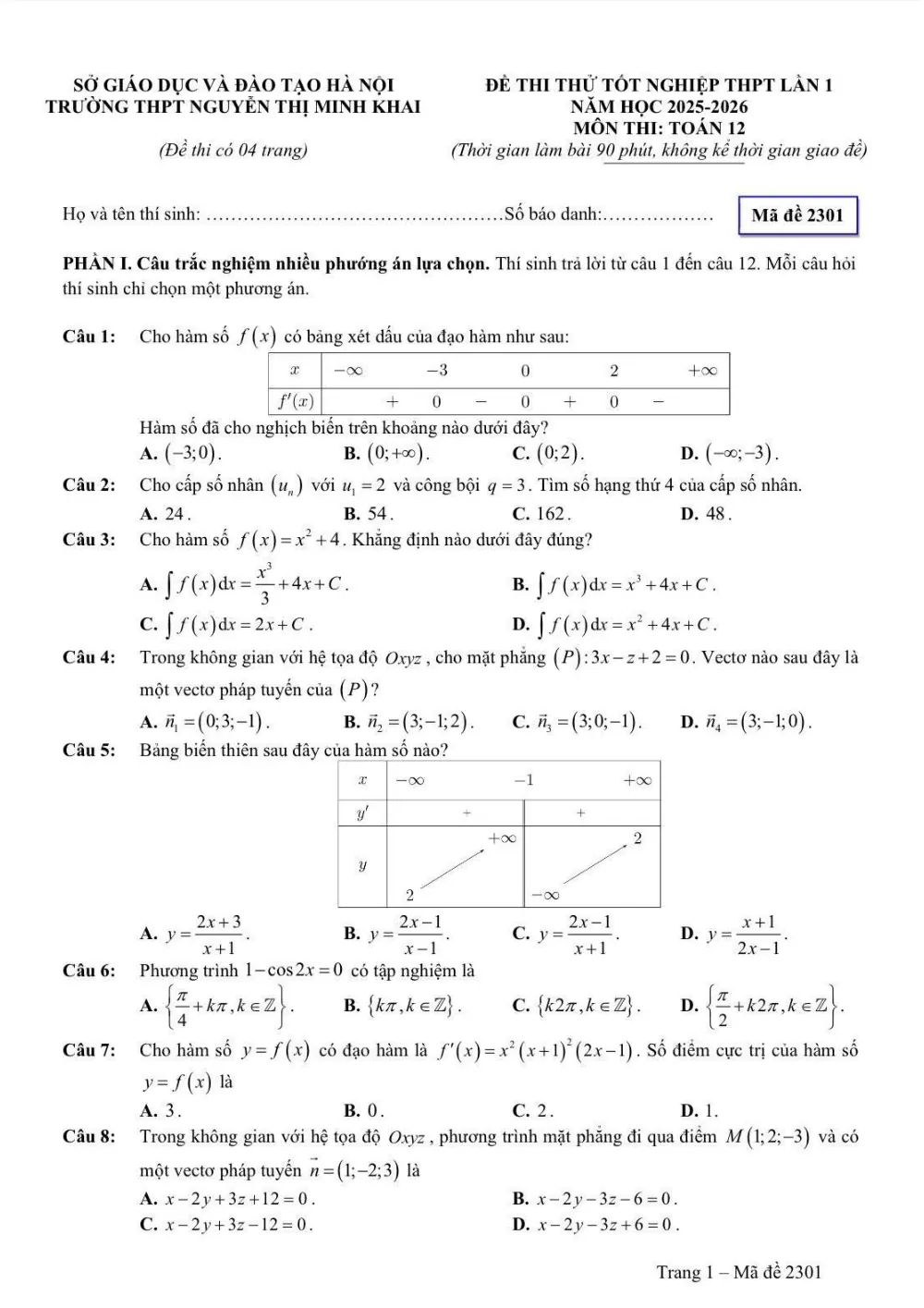 Xem trước trang 1 của "Đề Thi Thử TN THPT 2026 Lần 1 - Môn Toán - Trường THPT Nguyễn Thị Minh Khai - Hà Nội"