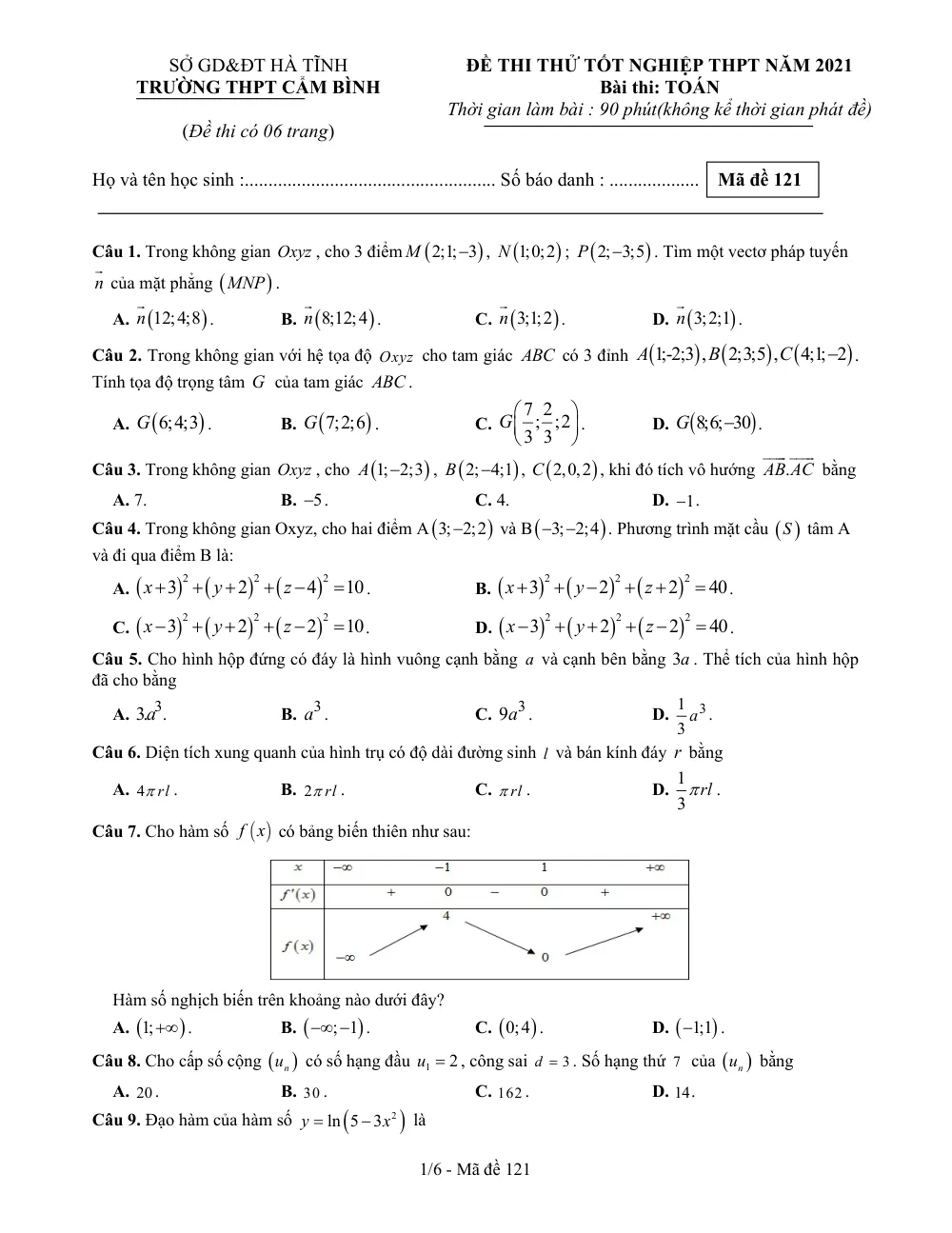 Xem trước trang 1 của "Đề Thi Thử Tốt Nghiệp THPT 2021 - Môn Toán - Trường THPT Cẩm Bình - Hà Tĩnh"