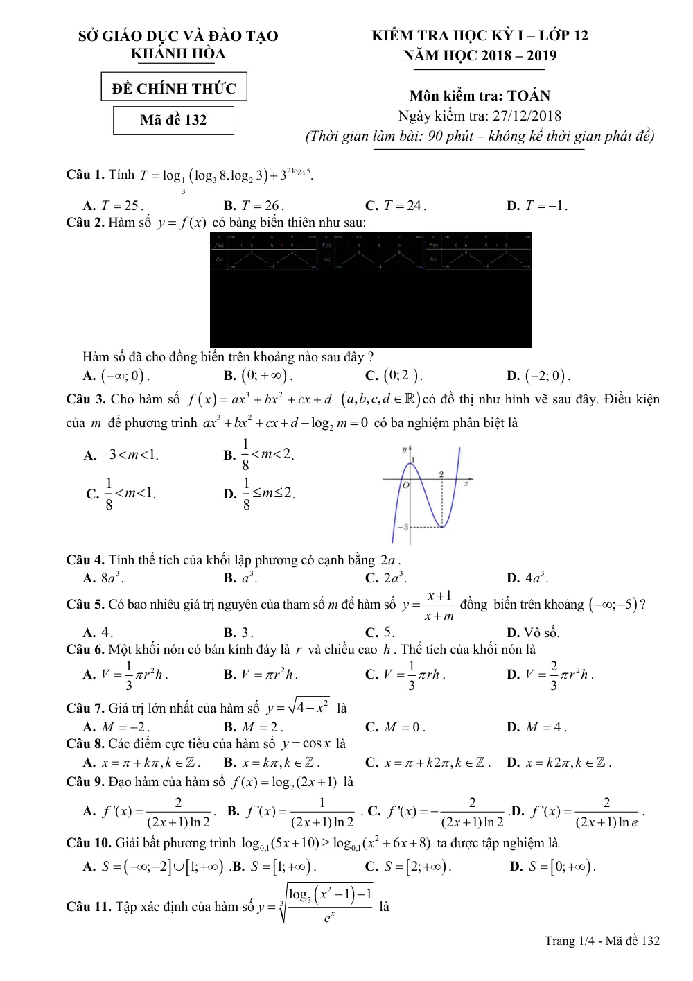 Xem trước trang 1 của "Đề Thi Học Kỳ 1 Toán 12 - Năm học 2018-2019 - Khánh Hòa"