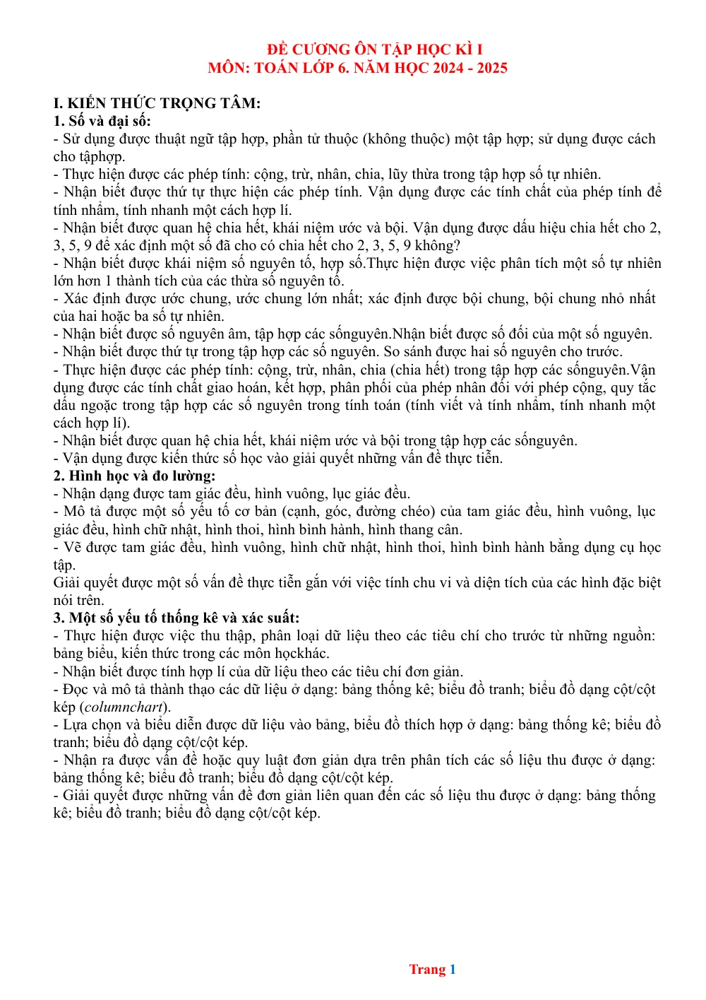 Xem trước trang 1 của "Đề Cương Ôn Tập Cuối Học Kỳ I - Toán 6 - CTST (Năm học 2024-2025)"