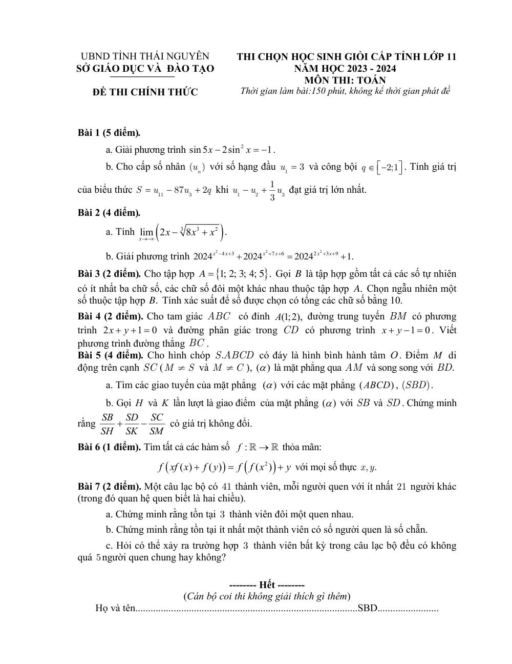 Xem trước trang 1 của "Đề Thi Chọn Học Sinh Giỏi Cấp Tỉnh Lớp 11 Môn Toán Năm Học 2023-2024 - Sở GD&ĐT Thái Nguyên"