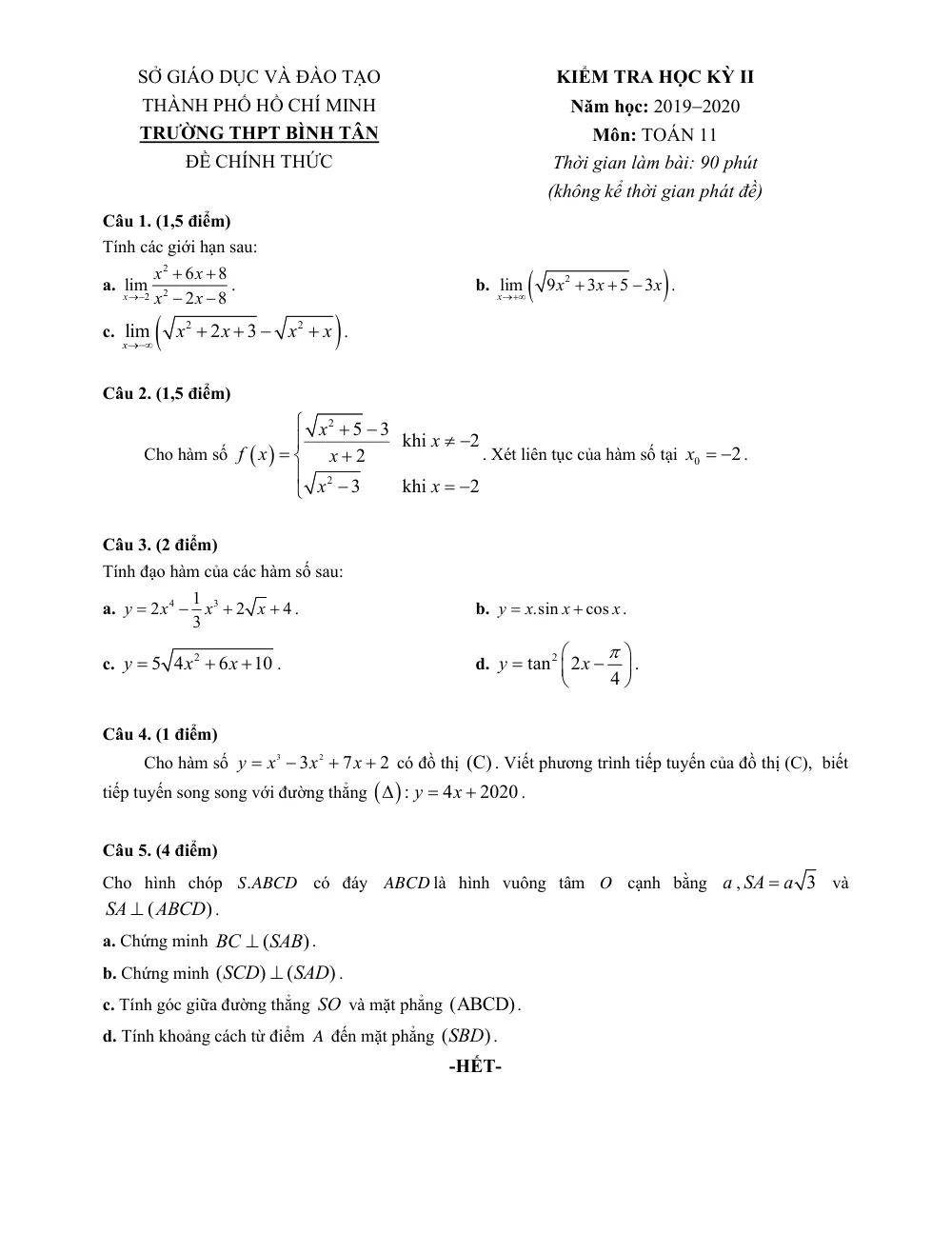 Xem trước trang 1 của "Đề Thi Học Kỳ 2 Toán 11 - Năm học 2019-2020 - Trường THPT Bình Tân - TP. Hồ Chí Minh"