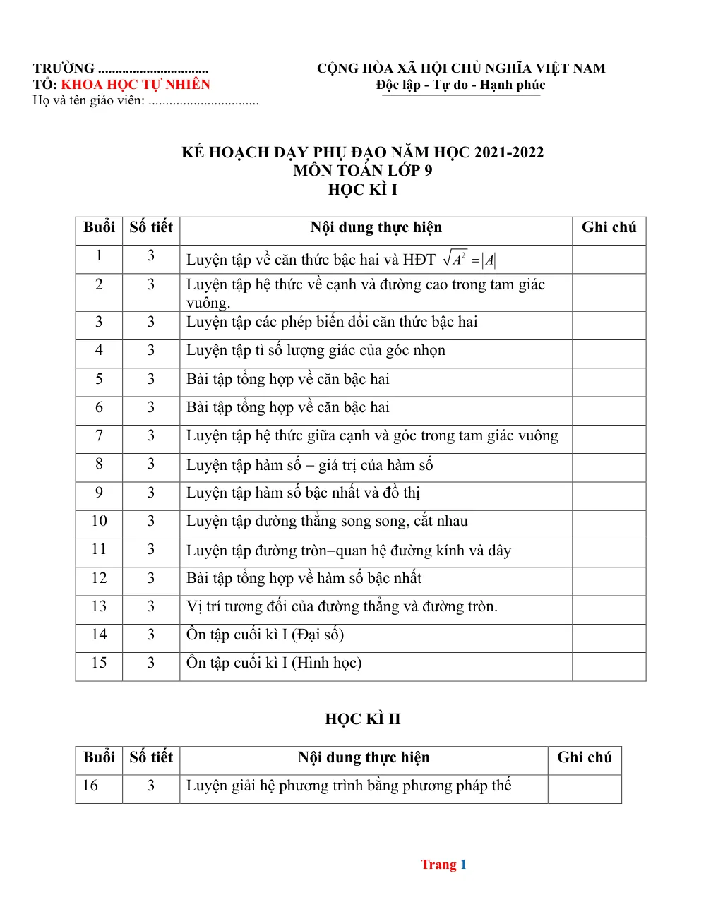 Xem trước trang 1 của "Kế hoạch dạy phụ đạo Toán 9 - Năm học 2021-2022"