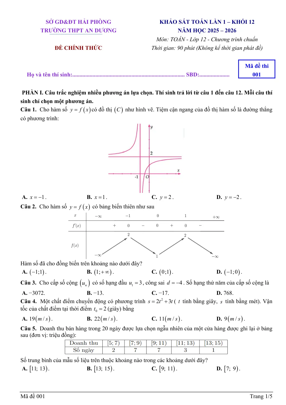 Xem trước trang 1 của "Khảo Sát Toán 12 Lần 1 - Trường THPT An Dương - Năm học 2025-2026 - Hải Phòng"