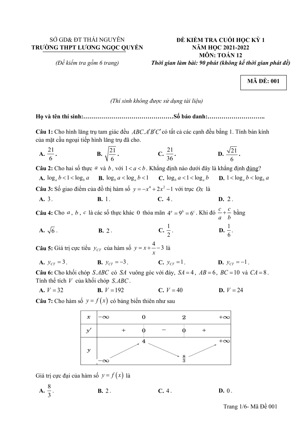 Xem trước trang 1 của "Đề Kiểm Tra Cuối Học Kỳ 1 Toán 12 - Trường THPT Lương Ngọc Quyến Năm Học 2021-2022"